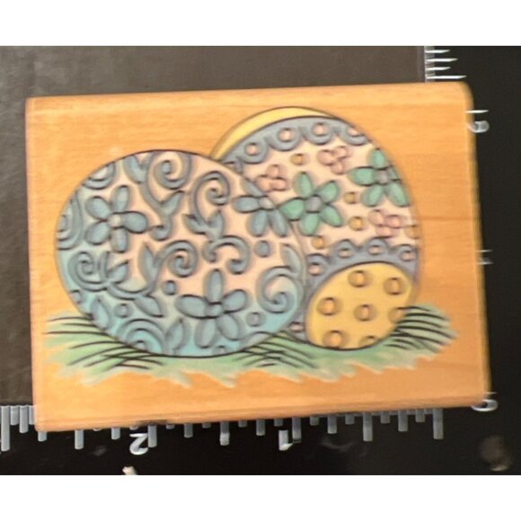 H104 Painted Eggs Wood MOunted Rubber Stamp By Fun Stamps 1996 Easter - Picture 1 of 5